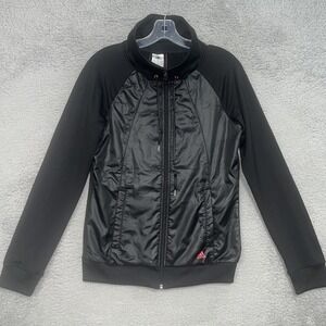 adidas Track Jacket Womens Sz S Black Hooded Full Zip 3 Pink Stripes Windbreaker